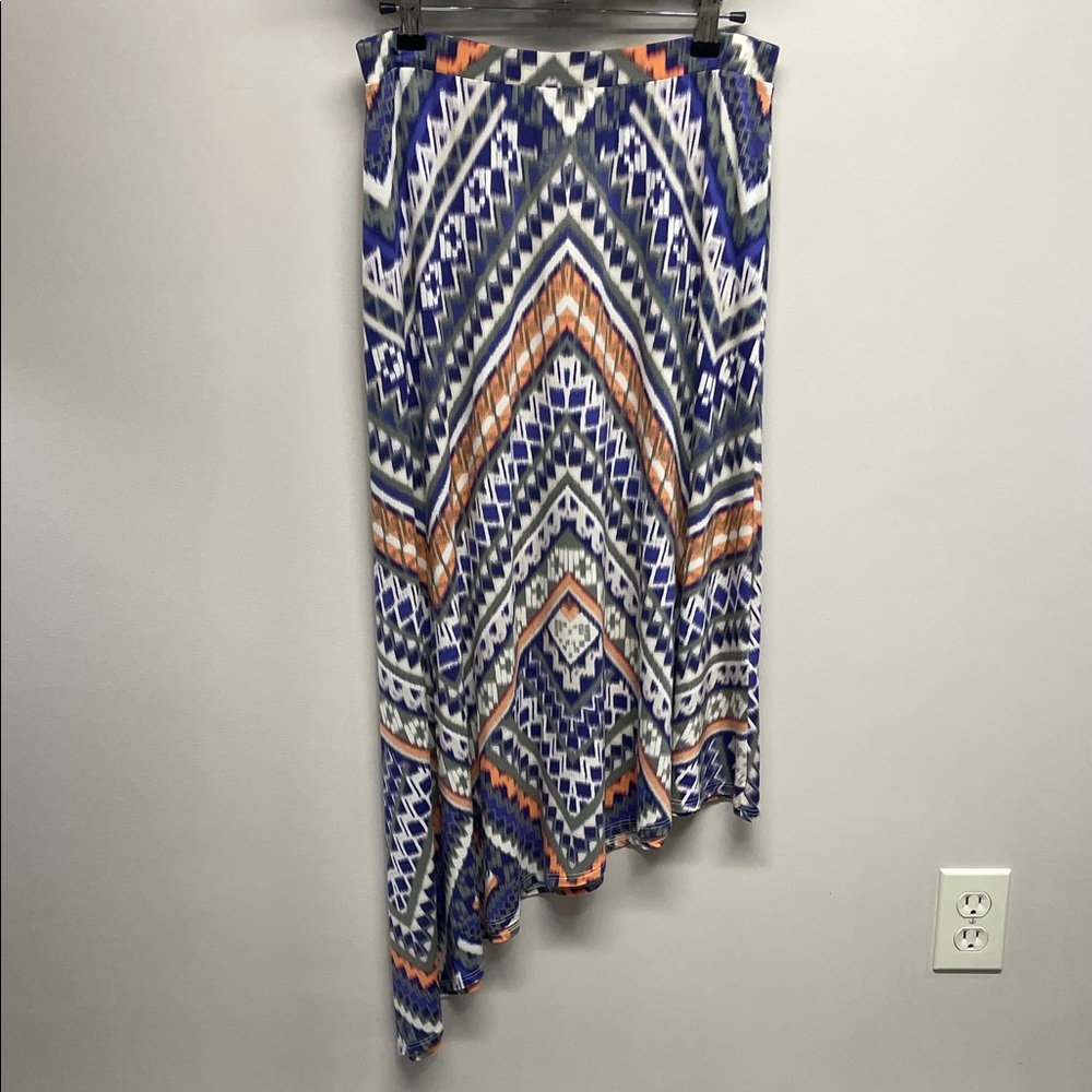 NWOT Chico’s Asymmetrical Hem Midi Skirt Pull On Tribal Ikat Geometric S Chico 0